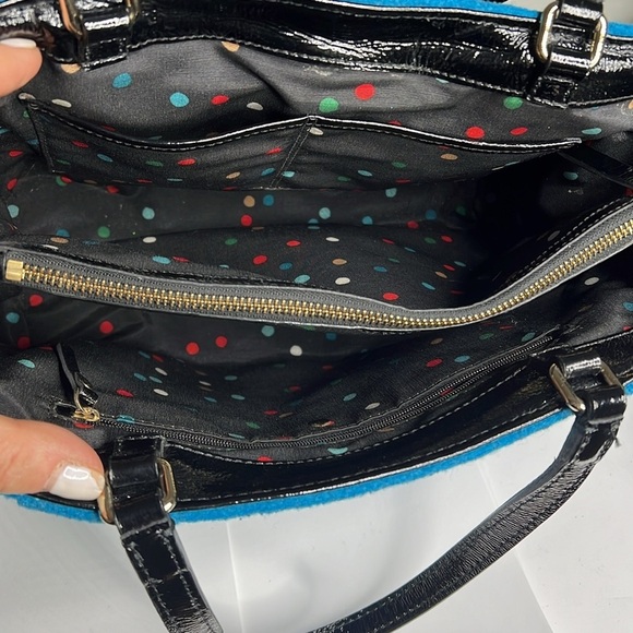 Kate Spade Teal Wool and Black Patent Leather Structured Tote Bag - Picture 9 of 11